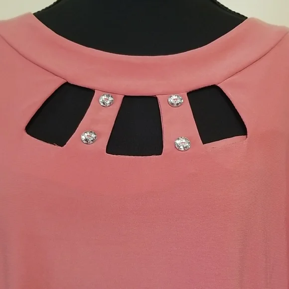 Adele & May Blush Pink Rhinestone Neckline Sheer Sleeve Blouse Career Office L - Picture 4 of 9